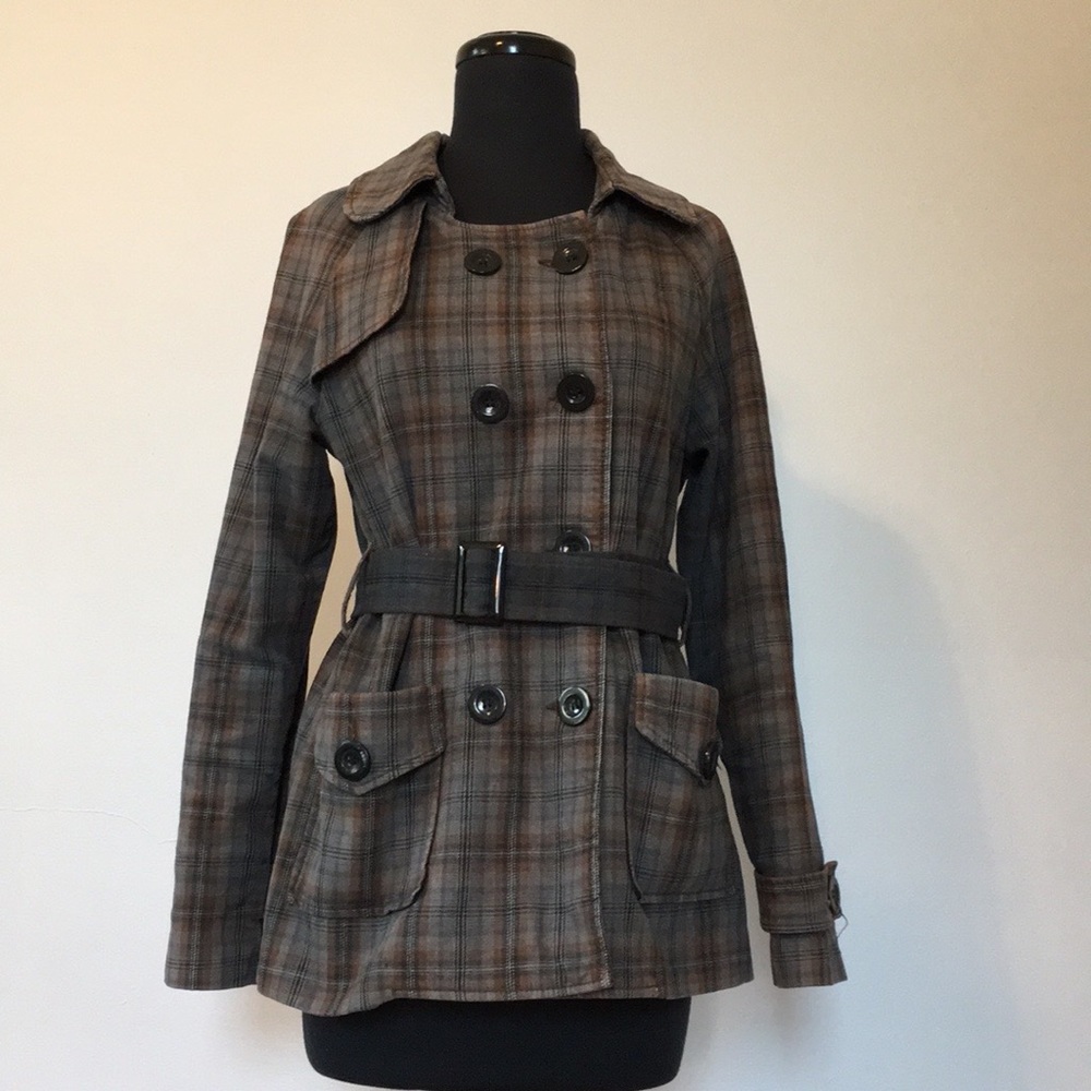 Y2K Forever 21 Grey and Brown Plaid Short Trench Coat, M